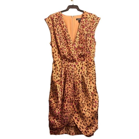 Express Small Leopard Print Draped Satin Mini Sheath Dress - Leopard print w/pin - Picture 12 of 16